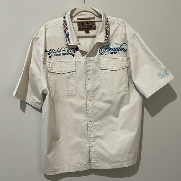 🌴 The Grindhouse‎ Denim Co. Beaulieu Sur-Mer Embroidered Shirt 2XL XXL Men’s - Picture 7 of 16